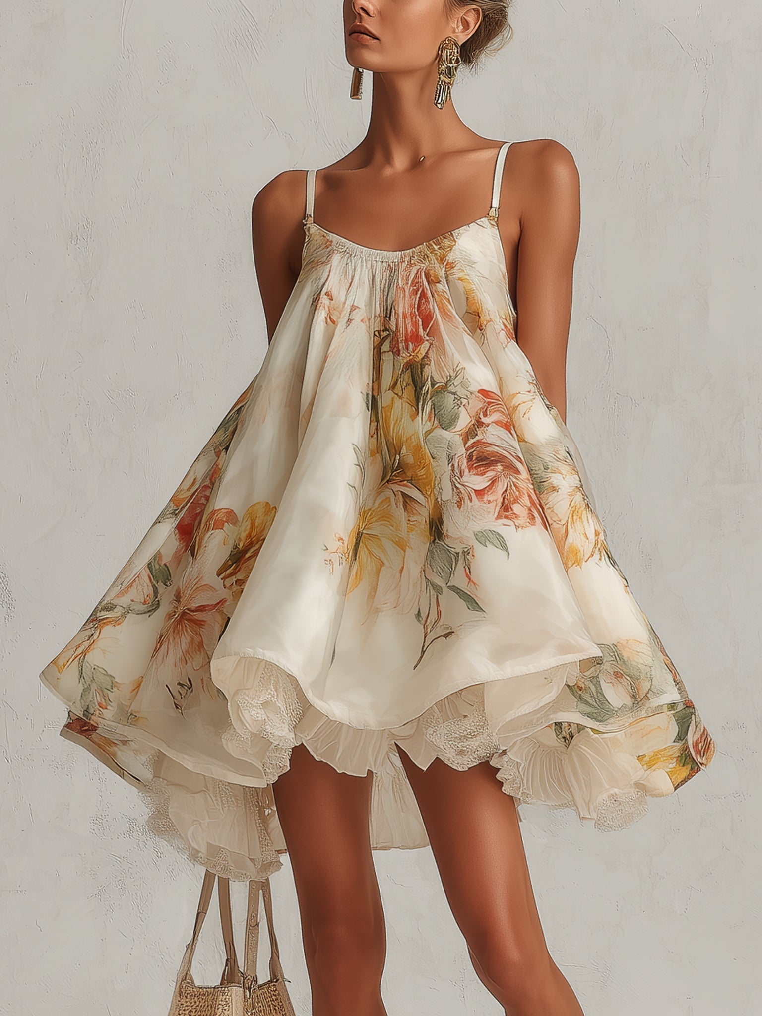 Blanca | Vestido Mini Trapecio de Organza Floral Beige con Ribete de Encaje