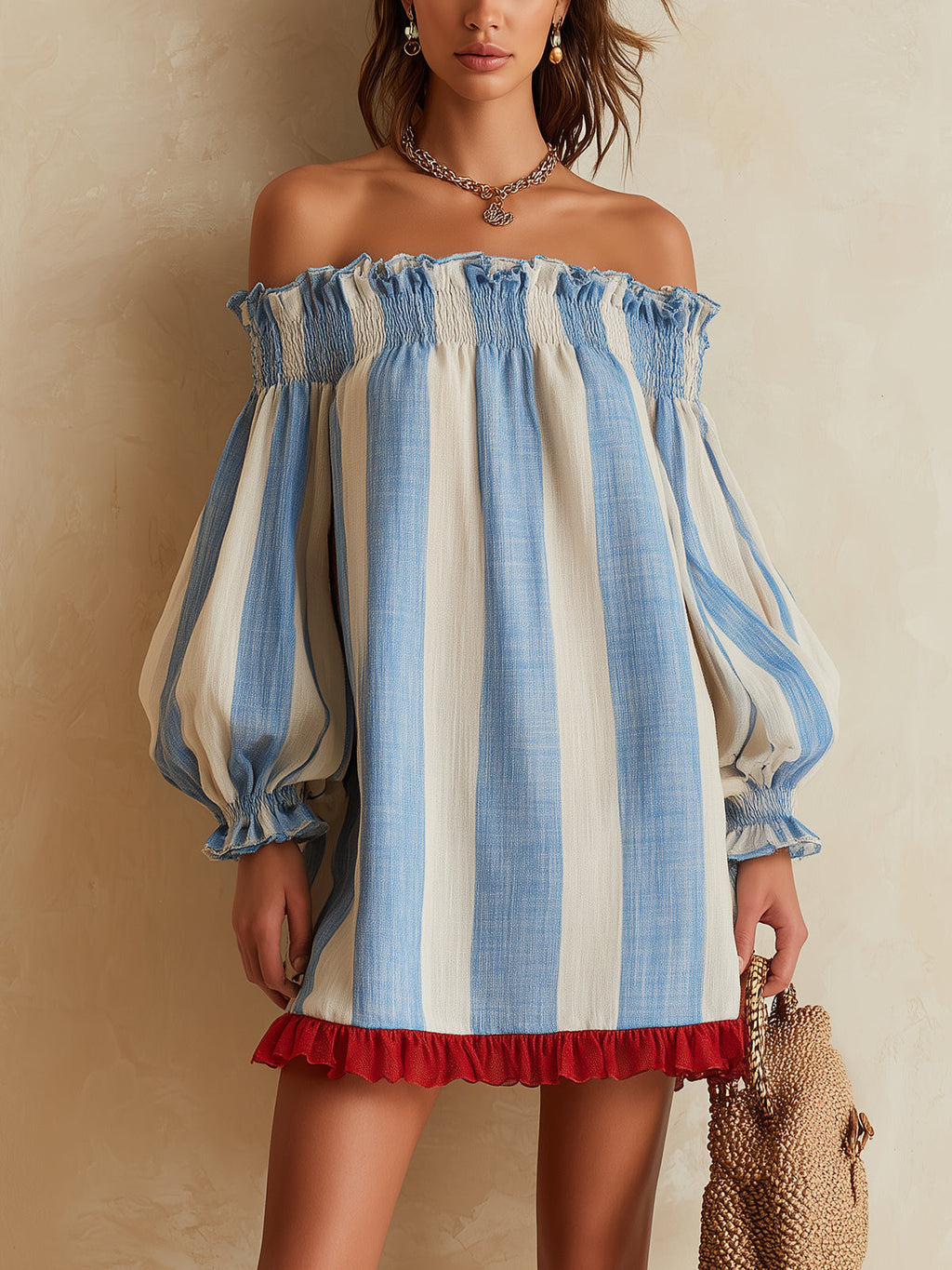 Ondina | Vestido Mini de Rayas Azul y Blanco con Hombros Descubiertos y Bajo Contrastado