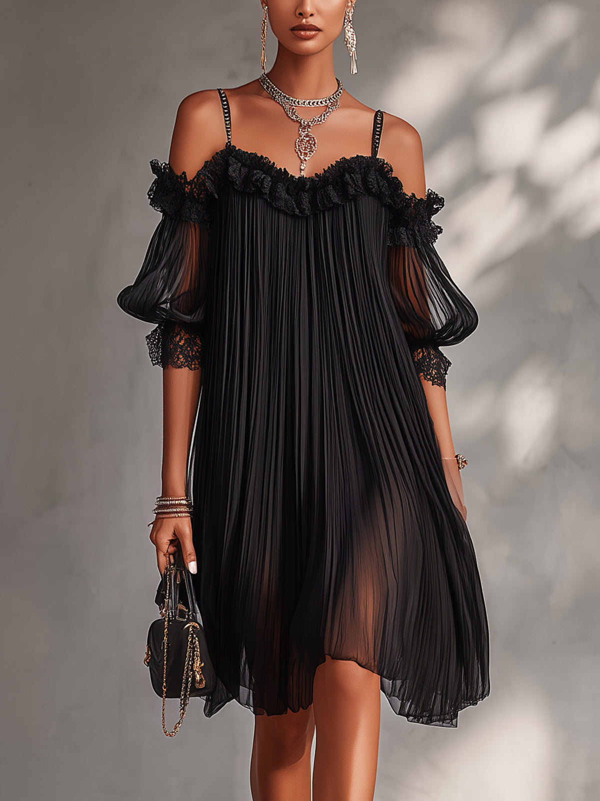 Camila | Vestido Mini de Gasa Negra con Hombros Descubiertos y Ribete de Encaje