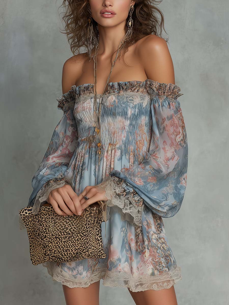 Romina | Vestido Mini de Gasa Fruncida con Hombros Descubiertos y Flores Románticas