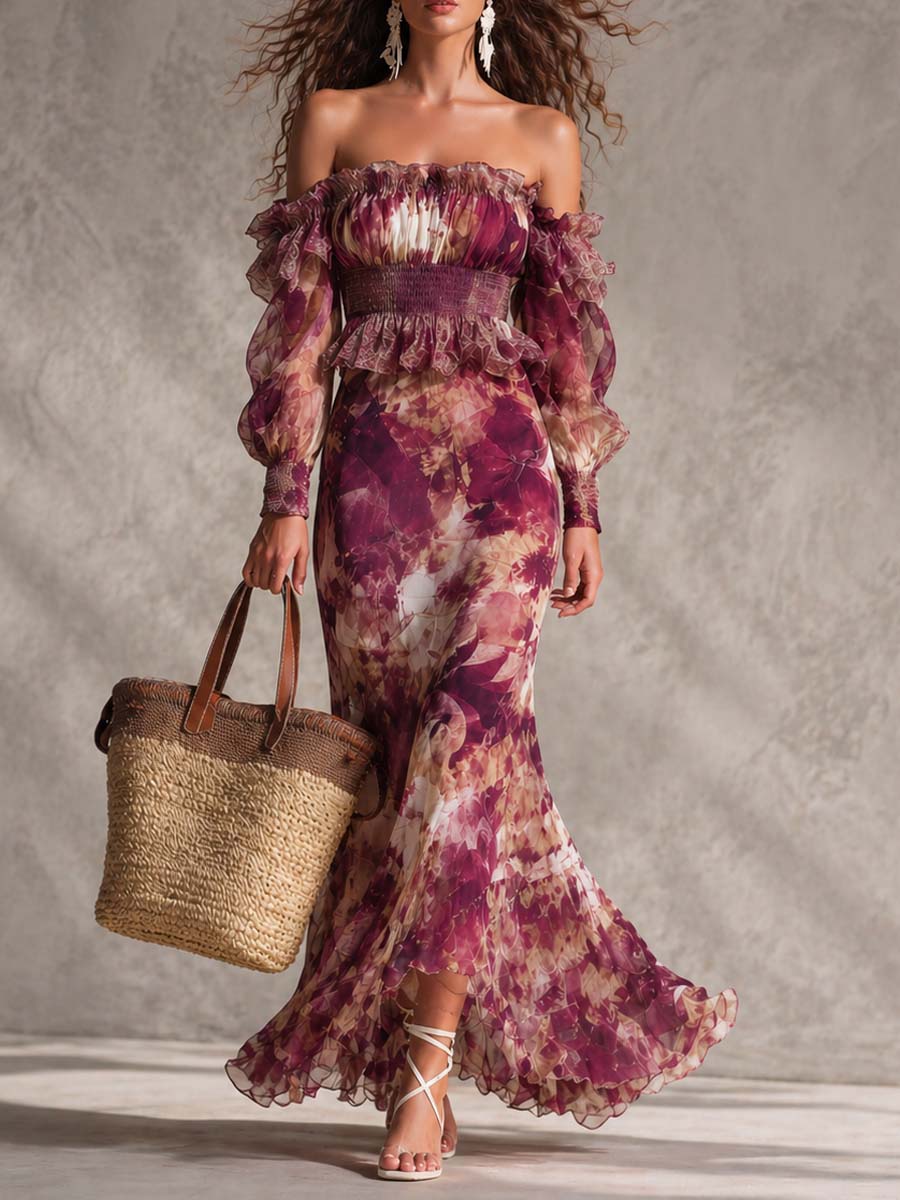 Françoise | Vestido maxi de gasa rosa con estampado floral y hombros al descubierto
