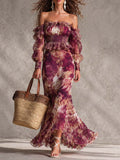 Françoise | Vestido maxi de gasa rosa con estampado floral y hombros al descubierto