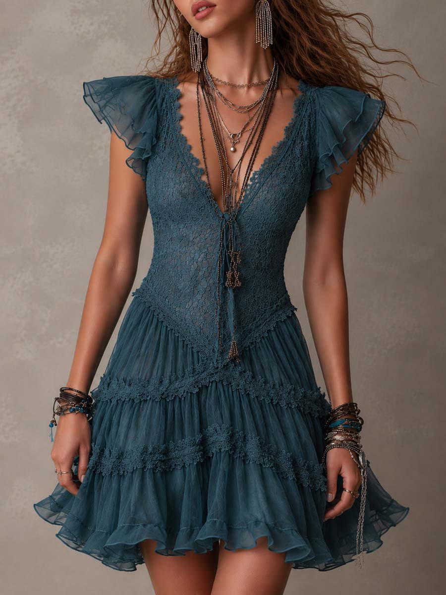 Delfina | Vestido Mini de Volantes en Encaje y Gasa Azul Retro