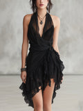 Eléonore | Vestido corto negro con espalda al descubierto, volantes y encaje