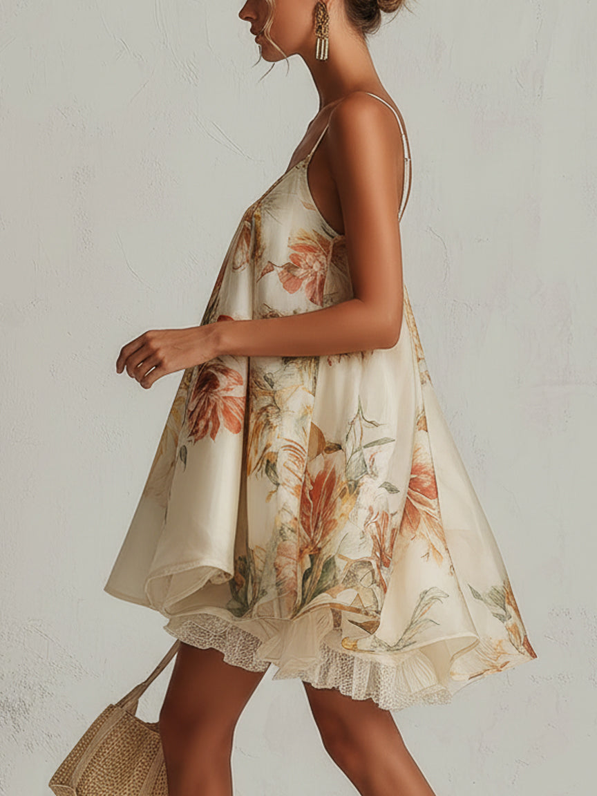 Blanca | Vestido Mini Trapecio de Organza Floral Beige con Ribete de Encaje