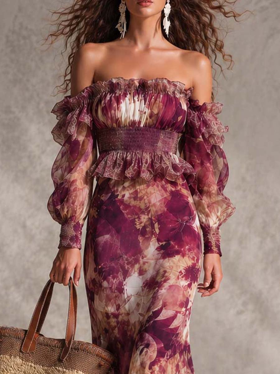 Françoise | Vestido maxi de gasa rosa con estampado floral y hombros al descubierto