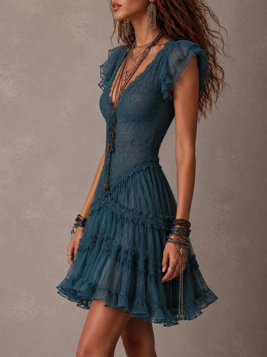 Delfina | Vestido Mini de Volantes en Encaje y Gasa Azul Retro