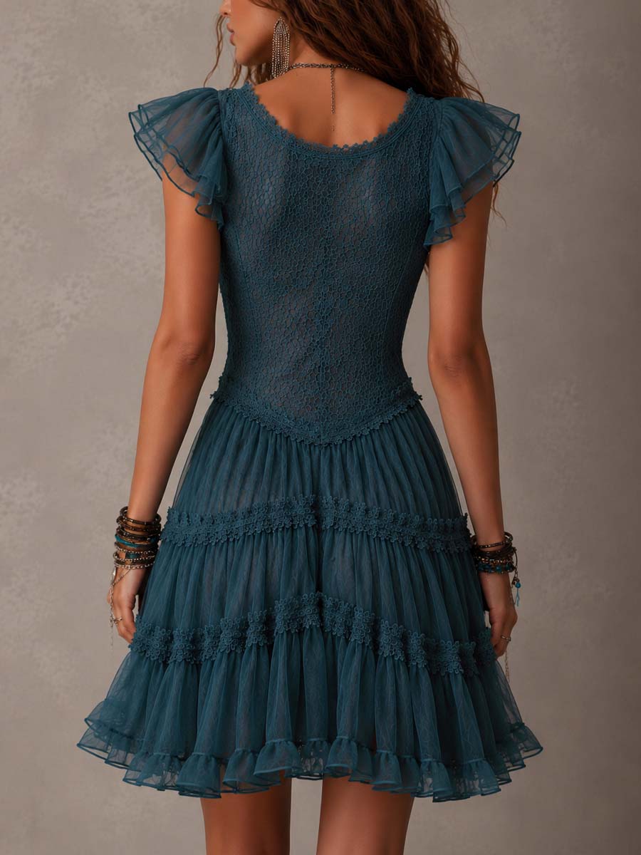 Delfina | Vestido Mini de Volantes en Encaje y Gasa Azul Retro
