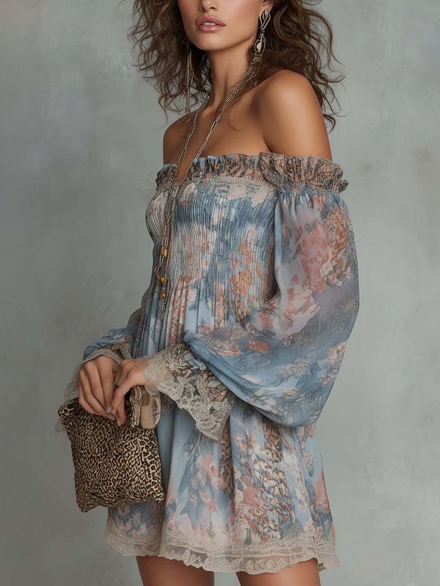 Romina | Vestido Mini de Gasa Fruncida con Hombros Descubiertos y Flores Románticas