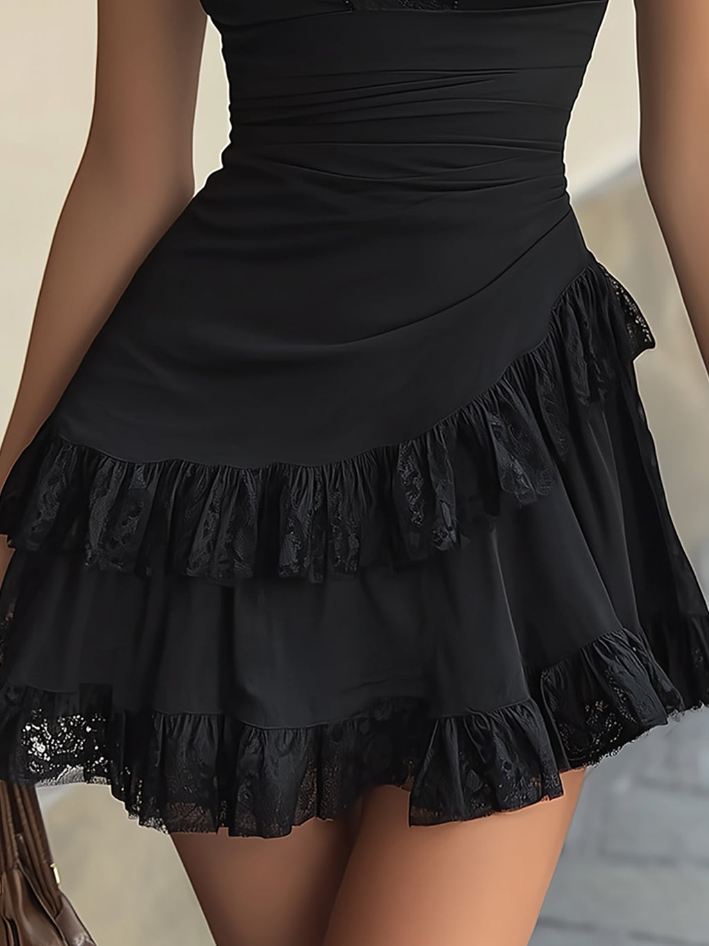 Estela | Vestido Mini de Volantes en Encaje Negro y Escote en V