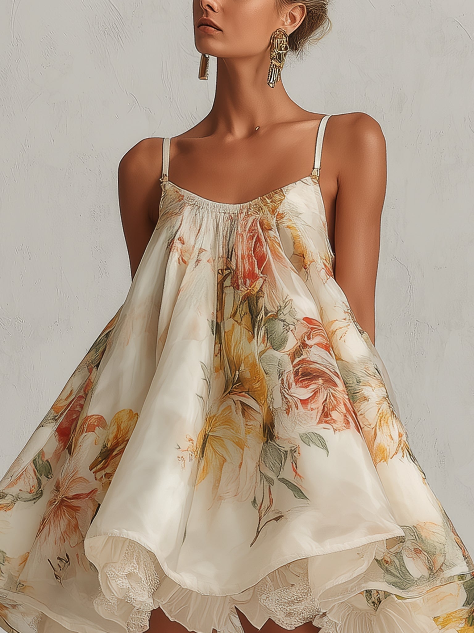 Blanca | Vestido Mini Trapecio de Organza Floral Beige con Ribete de Encaje