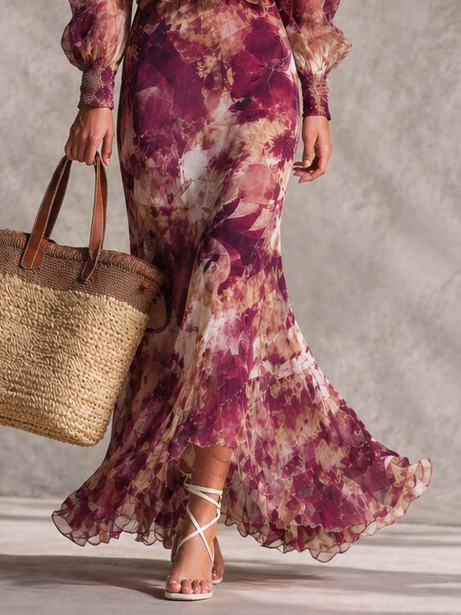 Françoise | Vestido maxi de gasa rosa con estampado floral y hombros al descubierto