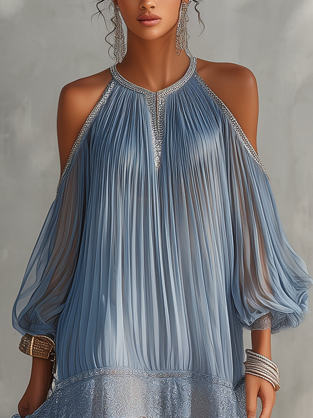Serafina | Vestido Mini Azul de Hombros Descubiertos Fruncido y Bajo de Encaje