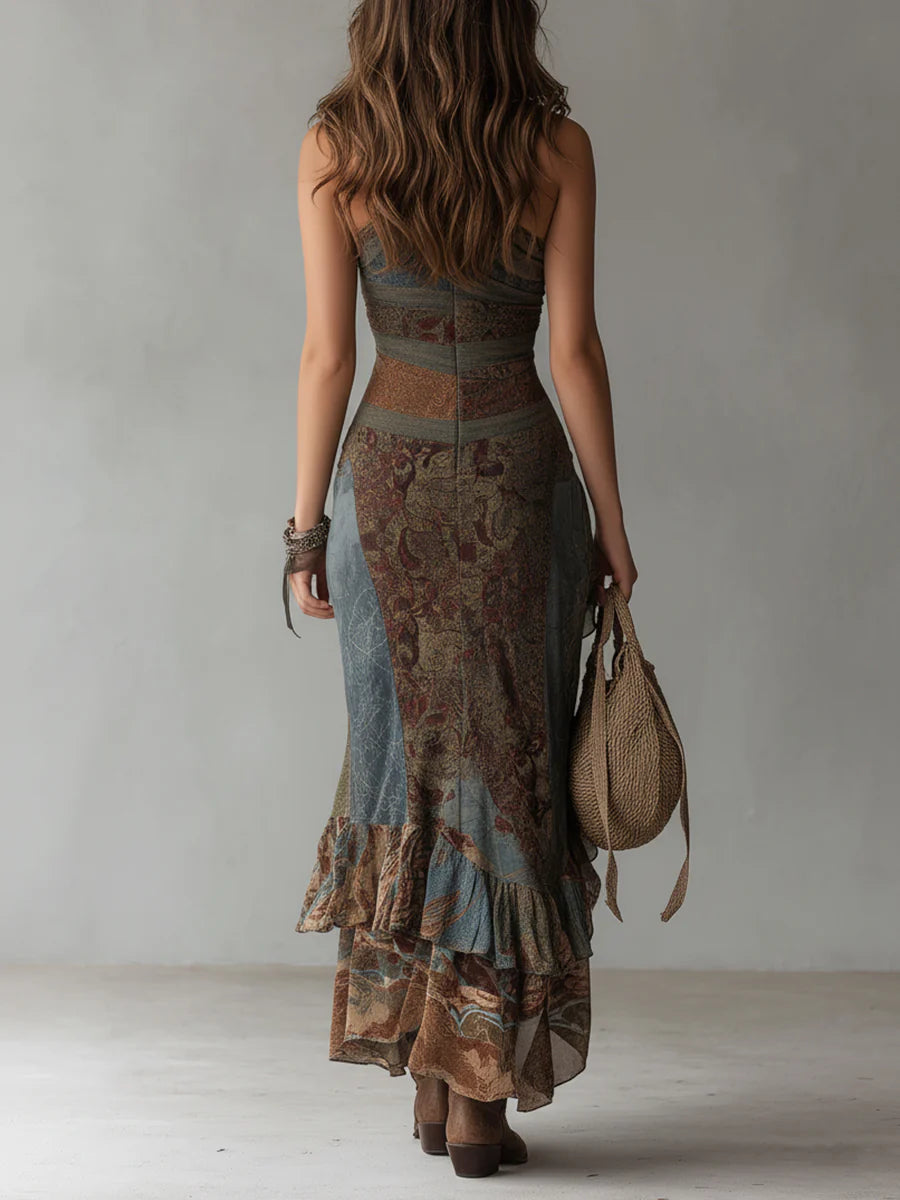 Elena™ | Vestido maxi asimétrico con estampado atrevido y abertura con volante