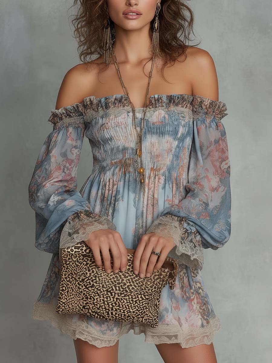 Romina | Vestido Mini de Gasa Fruncida con Hombros Descubiertos y Flores Románticas