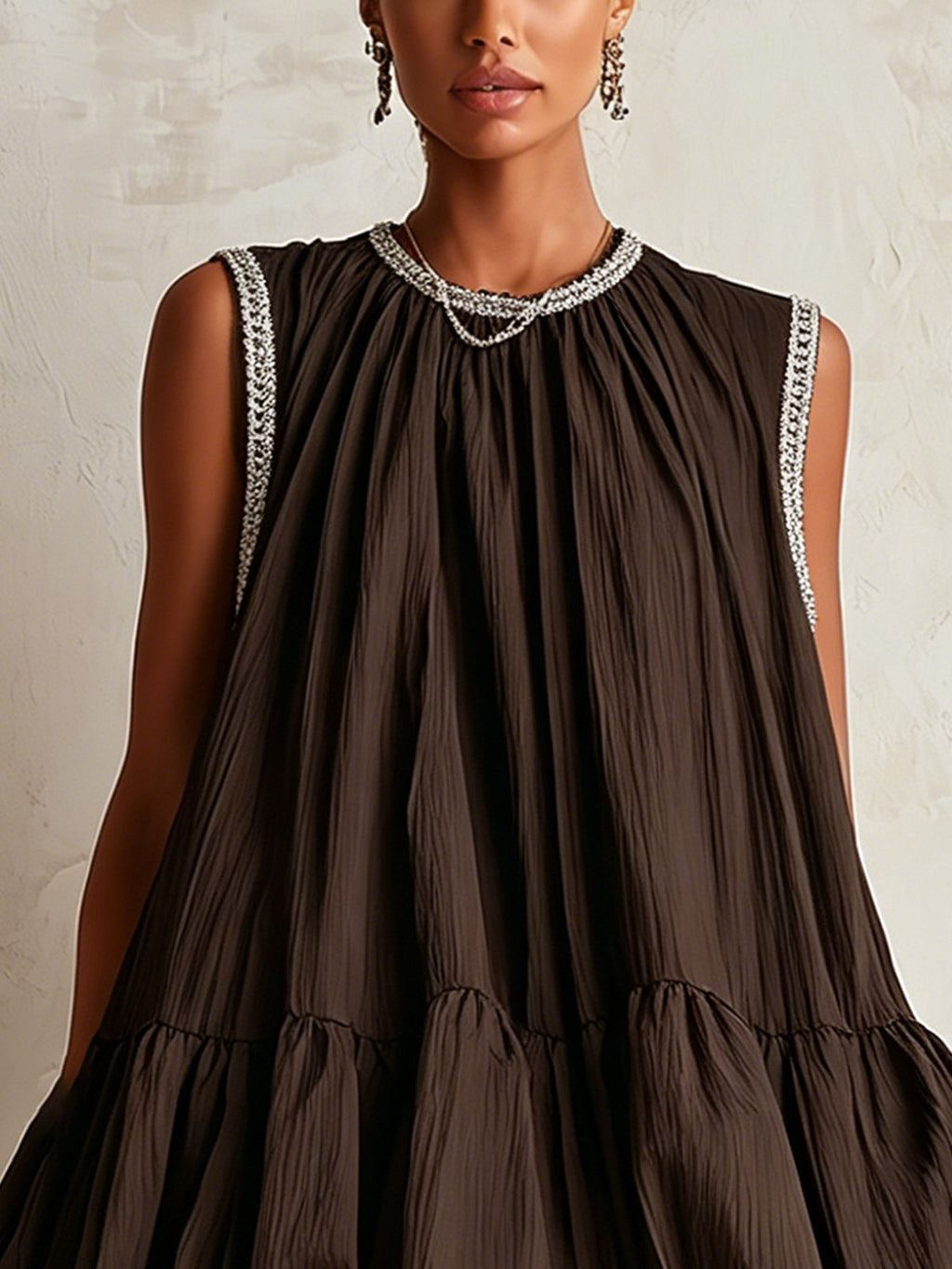 Coleta | Vestido Mini Sin Mangas Marrón con Bajo Abullonado