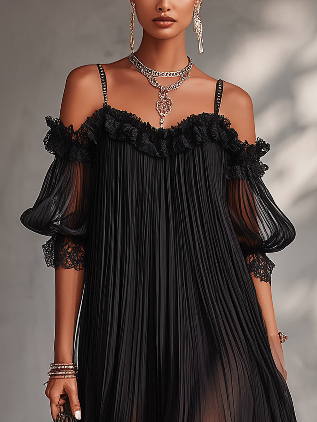 Camila | Vestido Mini de Gasa Negra con Hombros Descubiertos y Ribete de Encaje