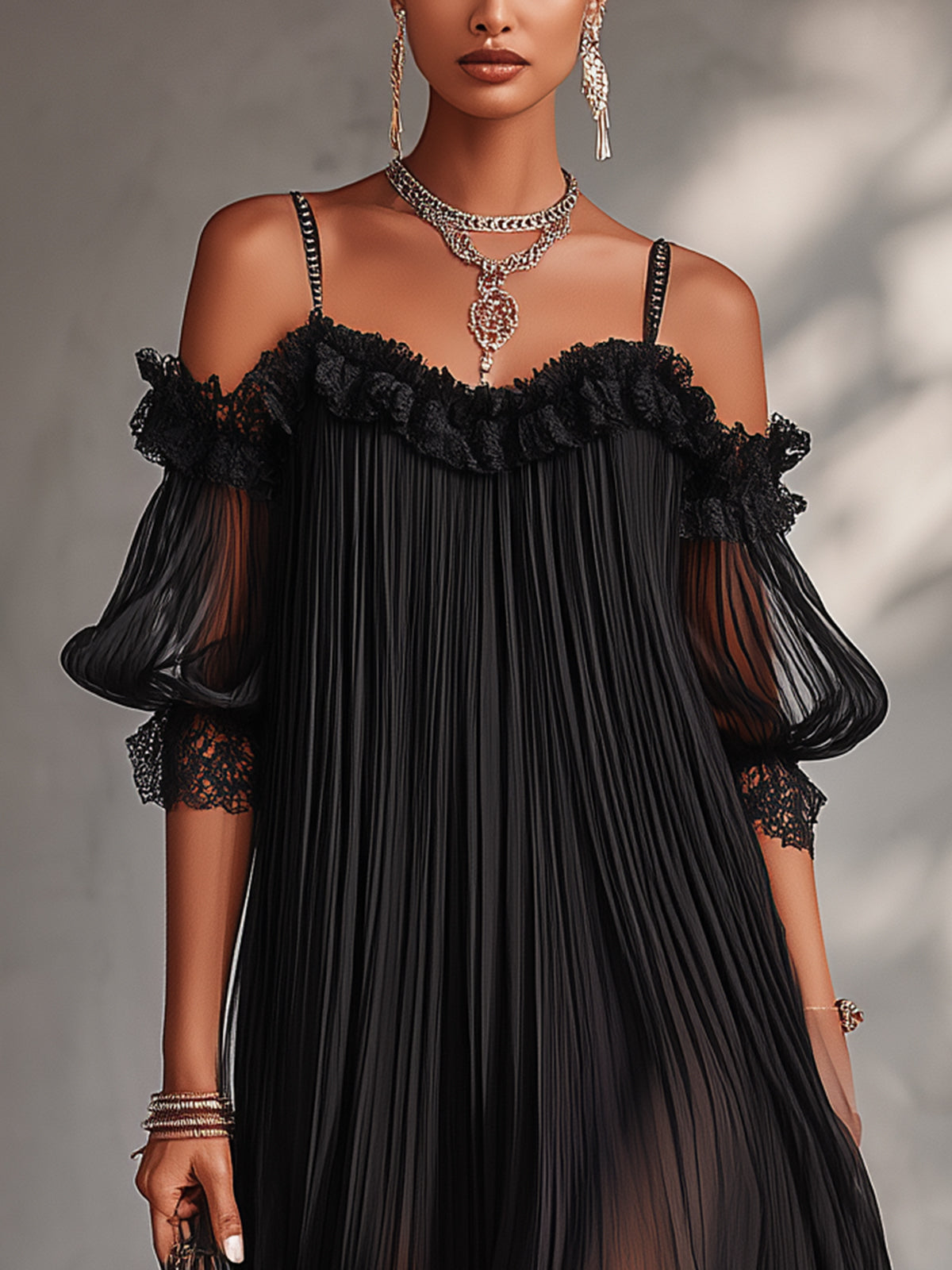 Camila | Vestido Mini de Gasa Negra con Hombros Descubiertos y Ribete de Encaje