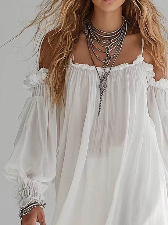 Melisenda | Vestido Mini Fluido Estilo Bohemio con Hombros Descubiertos