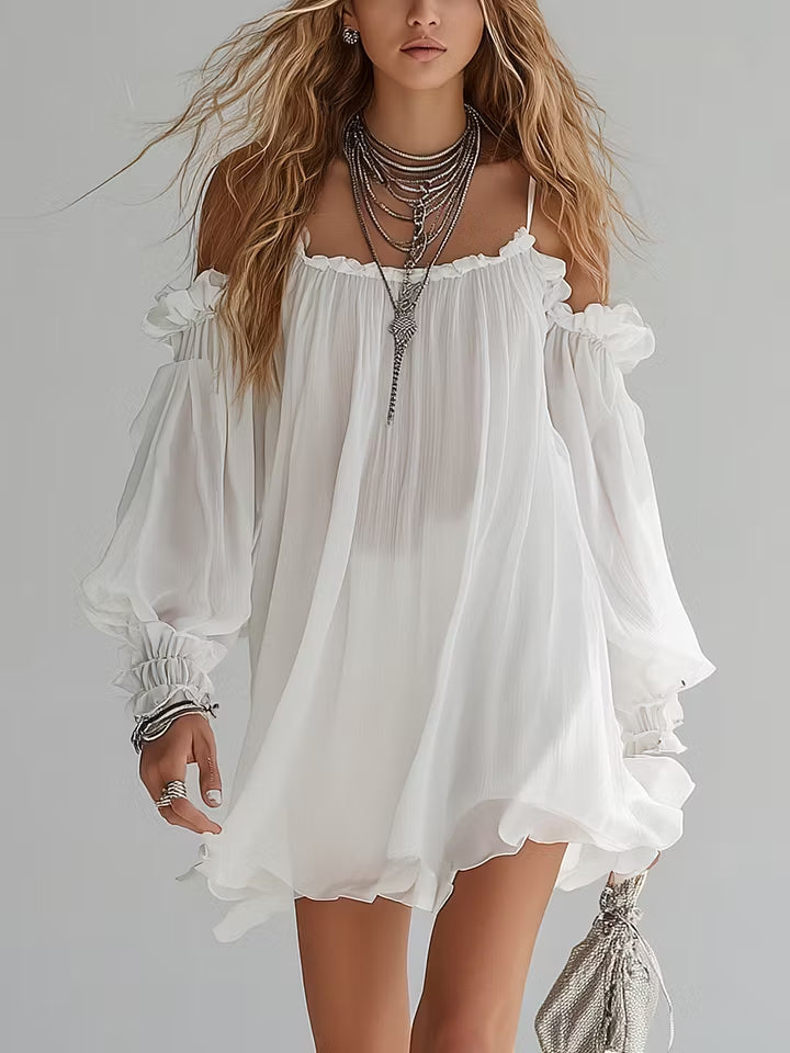 Melisenda | Vestido Mini Fluido Estilo Bohemio con Hombros Descubiertos