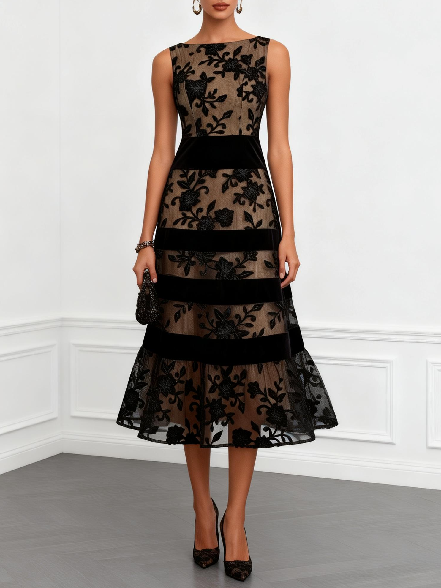 Solène | Vestido midi trapecio de tul negro con estampado floral, sin mangas