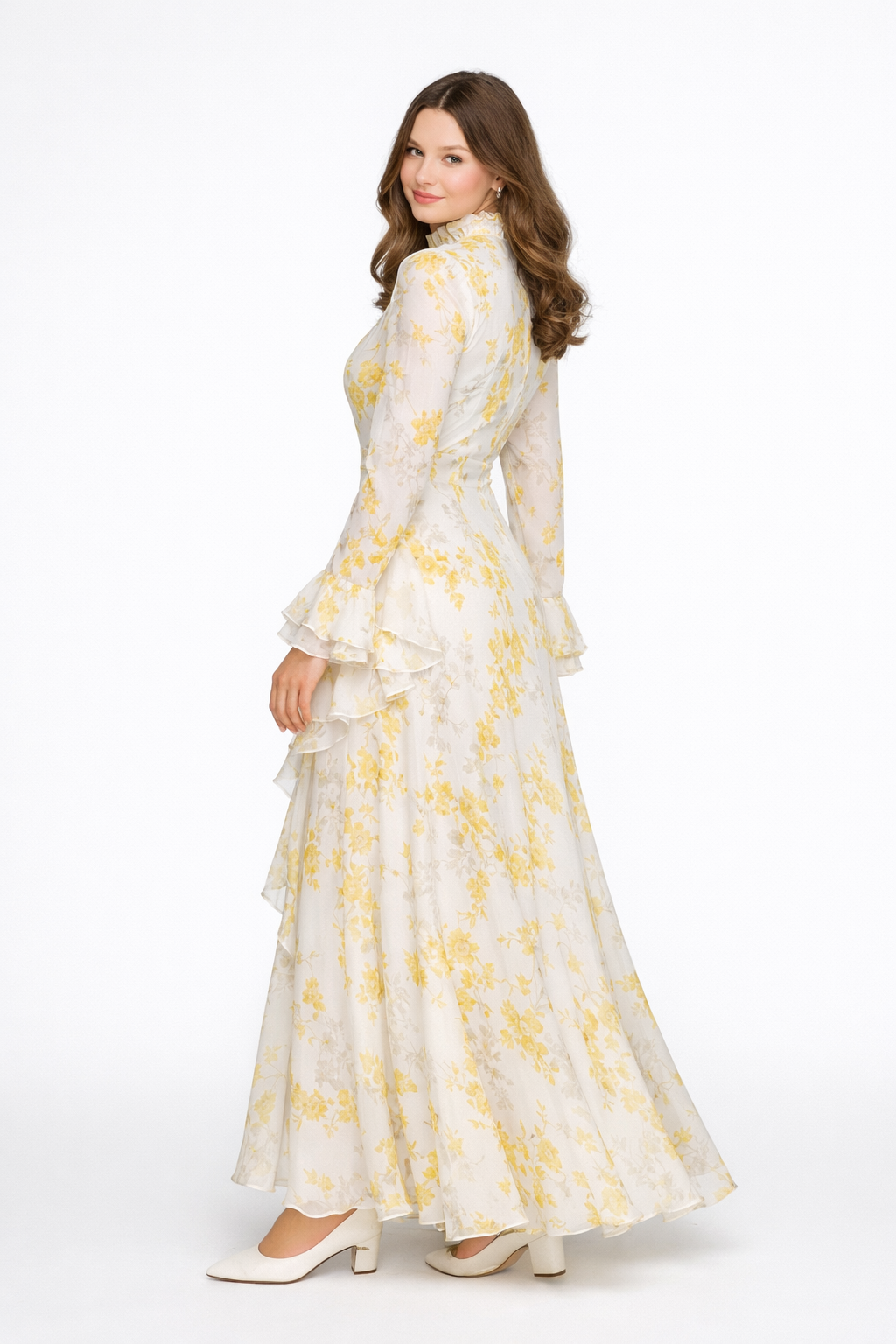 Elisabeth | Vestido maxi asimétrico de gasa beige con cuello alto y estampado efecto óleo