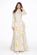 Elisabeth | Vestido maxi asimétrico de gasa beige con cuello alto y estampado efecto óleo