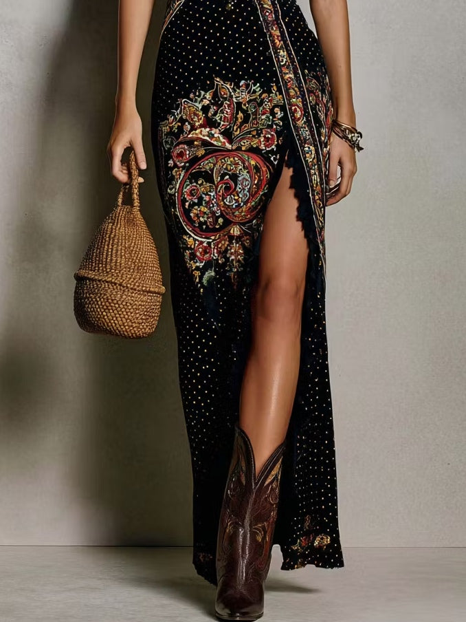 Victoire | Vestido estampado estilo bohemio con escote pronunciado y abertura alta