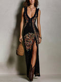 Victoire | Vestido estampado estilo bohemio con escote pronunciado y abertura alta