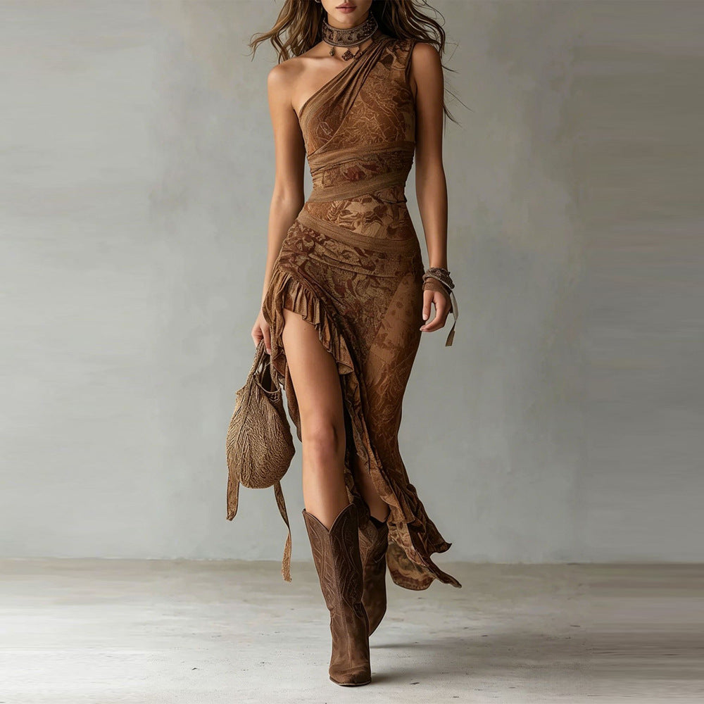 Elena™ | Vestido maxi asimétrico con estampado atrevido y abertura con volante