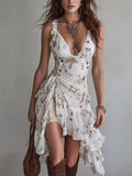 Claire | Vestido mini retro de flores, cuello en V y finos tirantes
