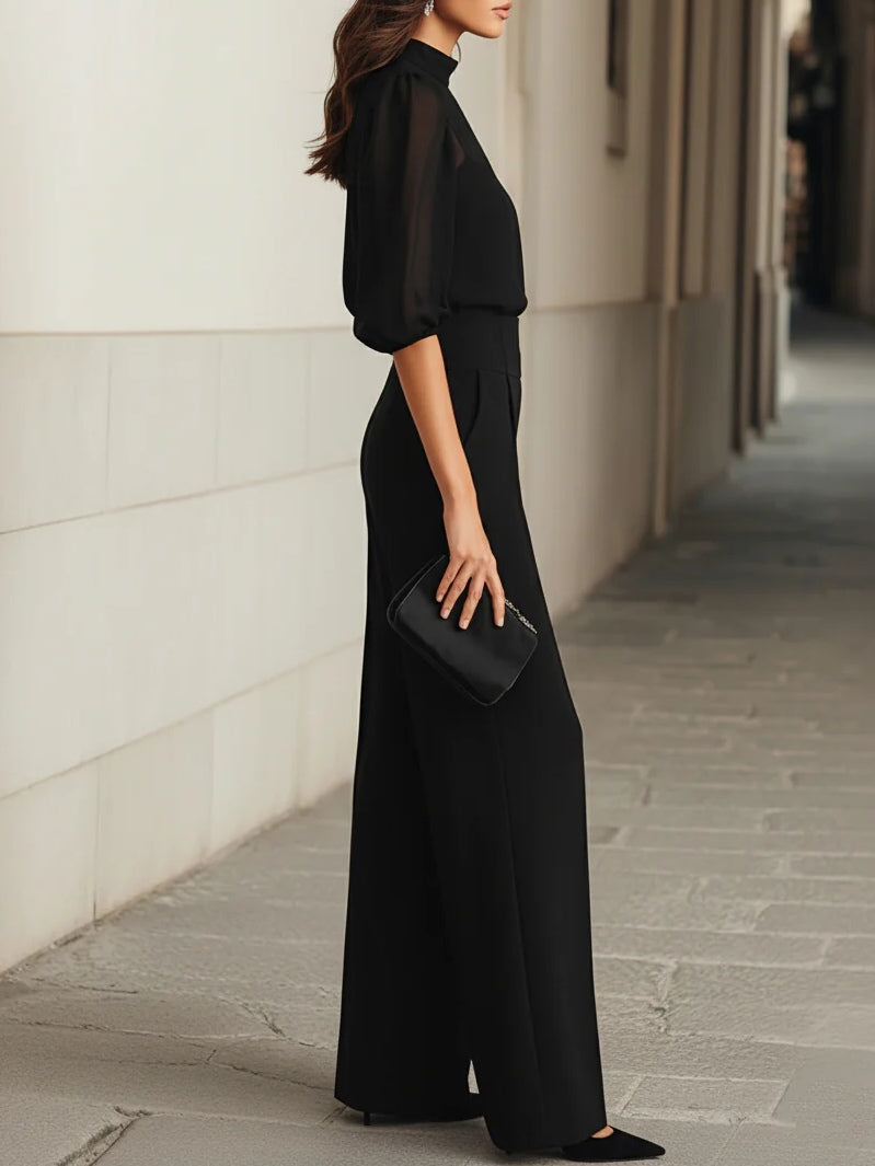 Ottavia™ | Conjunto de Tres Piezas en Negro con Top Transparente y Pantalón de Pierna Ancha