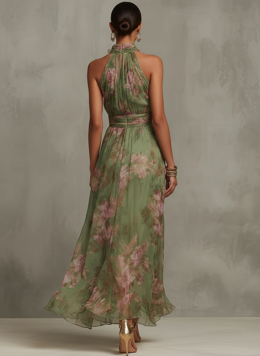 Serena — Vestido largo verde floral en gasa