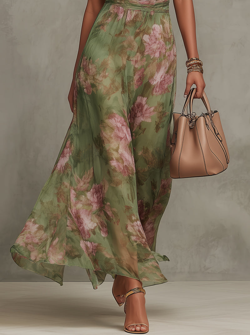 Serena — Vestido largo verde floral en gasa