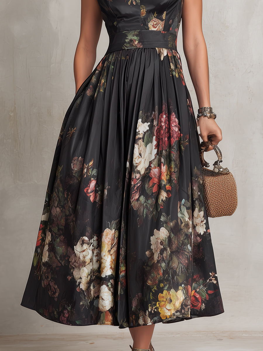 Violette™ | Vestido midi de satén plisado negro con estampado floral y escote de gota