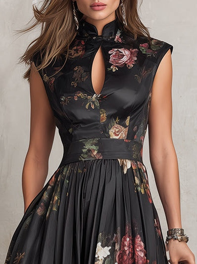Violette™ | Vestido midi de satén plisado negro con estampado floral y escote de gota