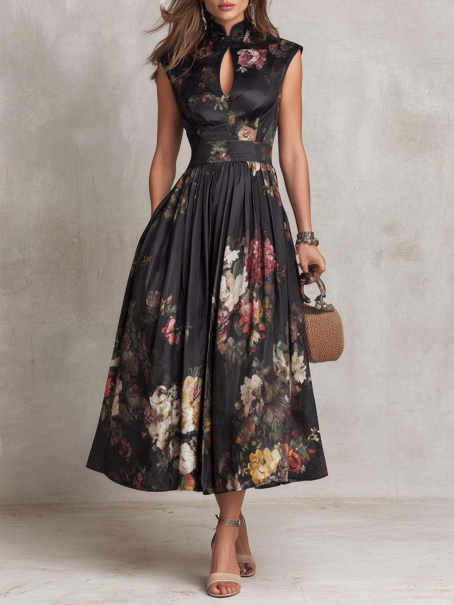 Violette™ | Vestido midi de satén plisado negro con estampado floral y escote de gota