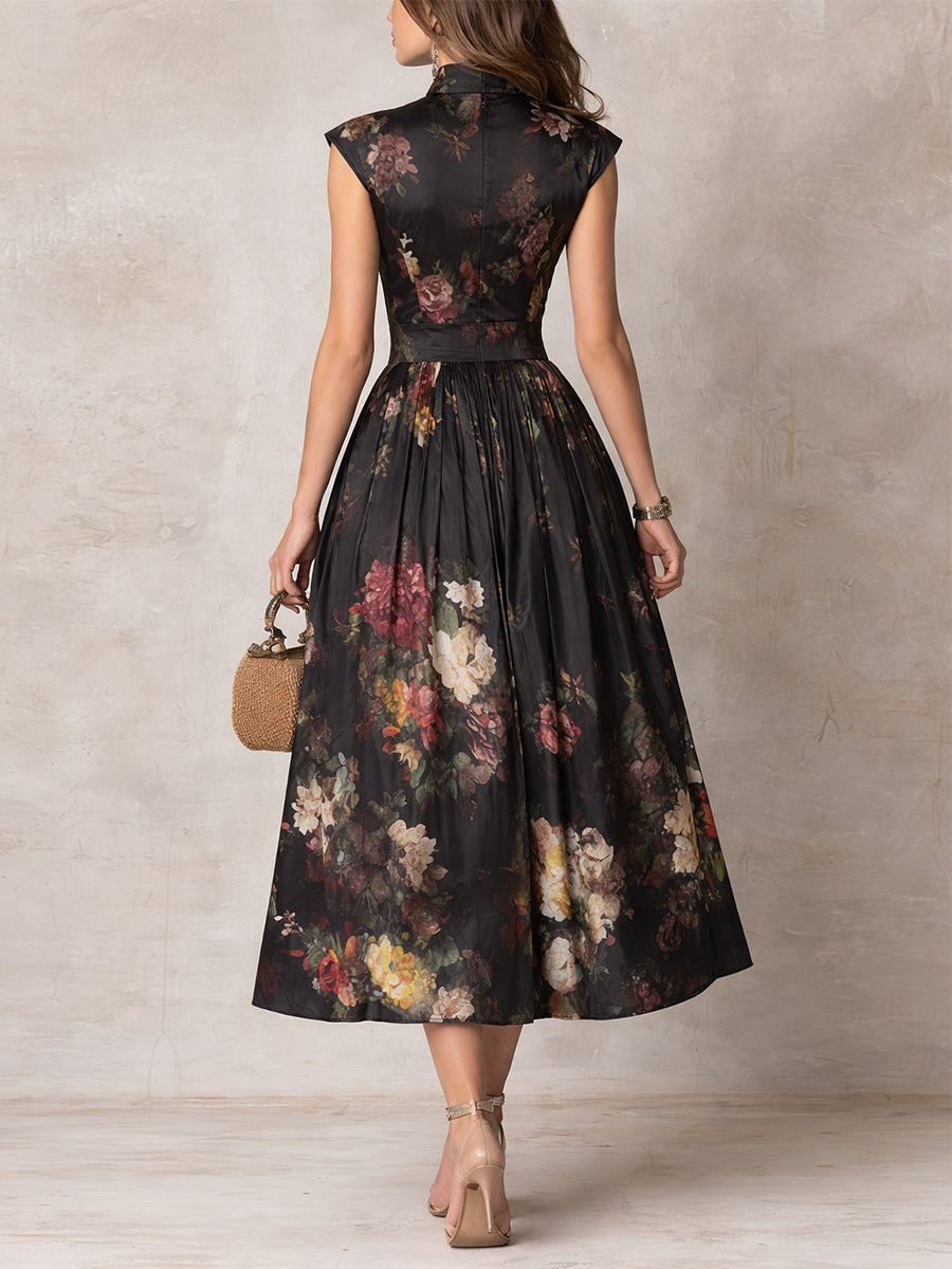 Violette™ | Vestido midi de satén plisado negro con estampado floral y escote de gota