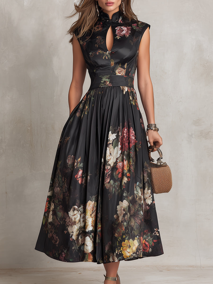 Violette™ | Vestido midi de satén plisado negro con estampado floral y escote de gota