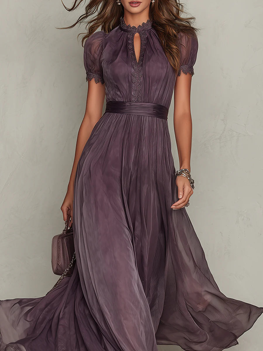 Vestido Maxi de Gasa con Cuello de Abertura Violeta