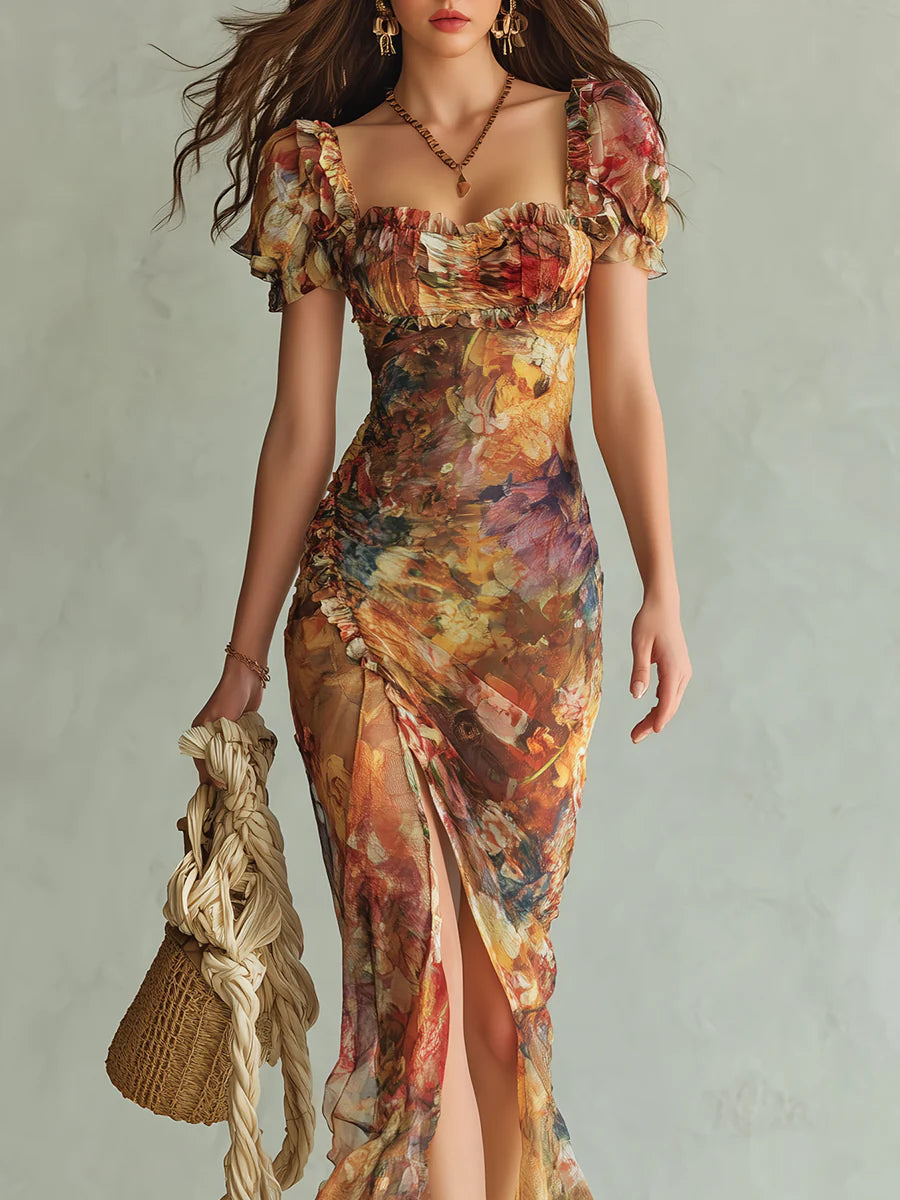 Vestido Maxi de Gasa Naranja Estampado Pintura al Óleo