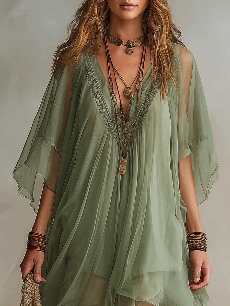 Vestido Mini Vaporoso de Gasa Verde con Escote en V