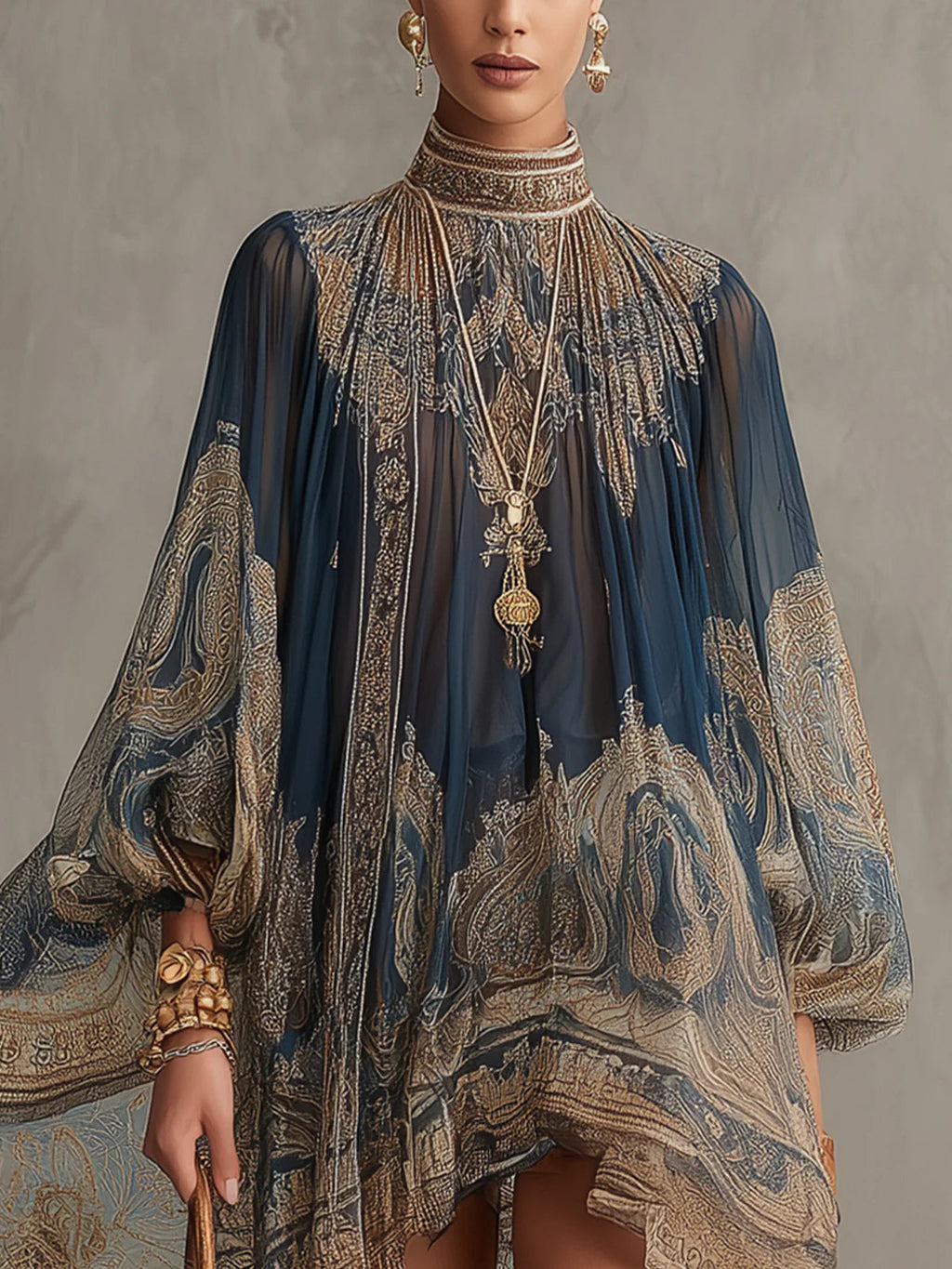 Berenice | Vestido Mini de Gasa Asimétrico con Estampado Barroco Azul Marino y Cuello Alto