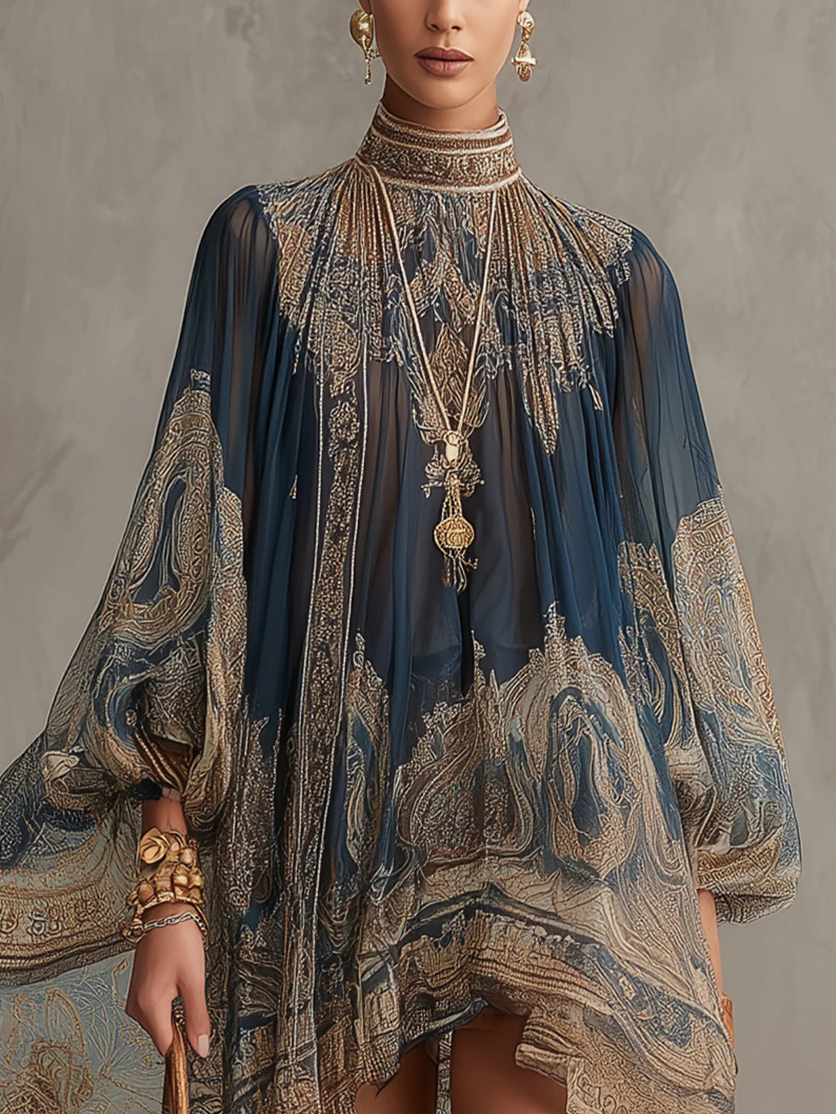 Berenice | Vestido Mini de Gasa Asimétrico con Estampado Barroco Azul Marino y Cuello Alto