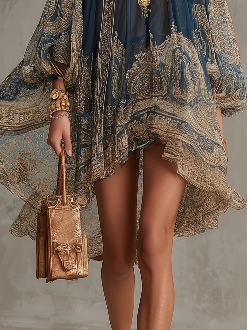 Berenice | Vestido Mini de Gasa Asimétrico con Estampado Barroco Azul Marino y Cuello Alto
