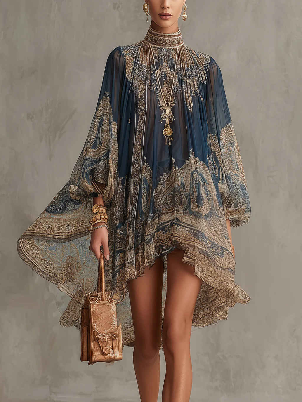 Berenice | Vestido Mini de Gasa Asimétrico con Estampado Barroco Azul Marino y Cuello Alto