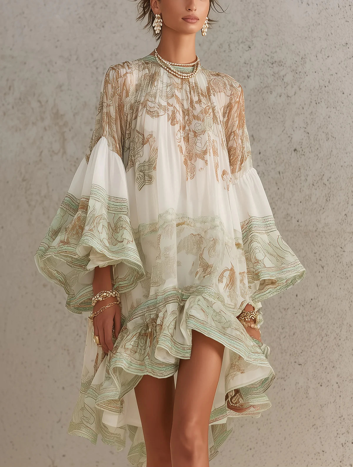 Rosalía | Vestido Mini de Gasa con Mangas de Volantes y Bajo a Rayas Verde