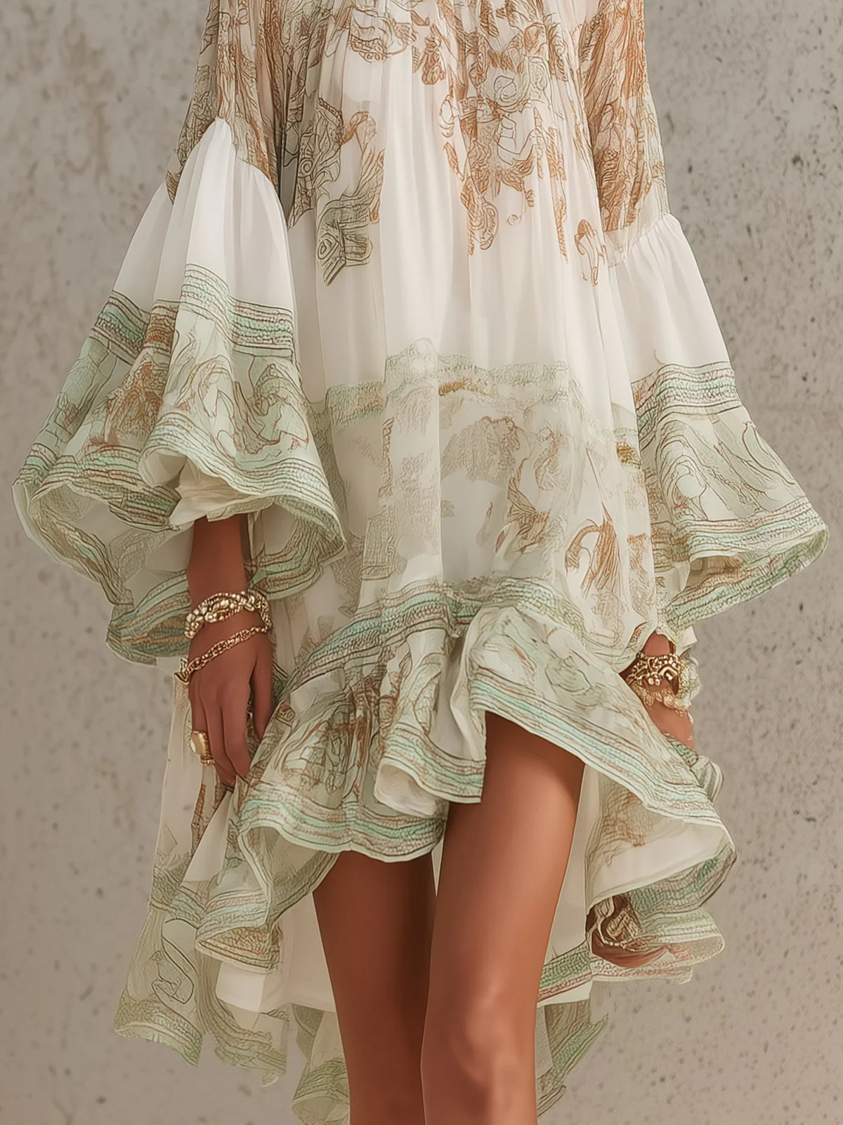 Rosalía | Vestido Mini de Gasa con Mangas de Volantes y Bajo a Rayas Verde