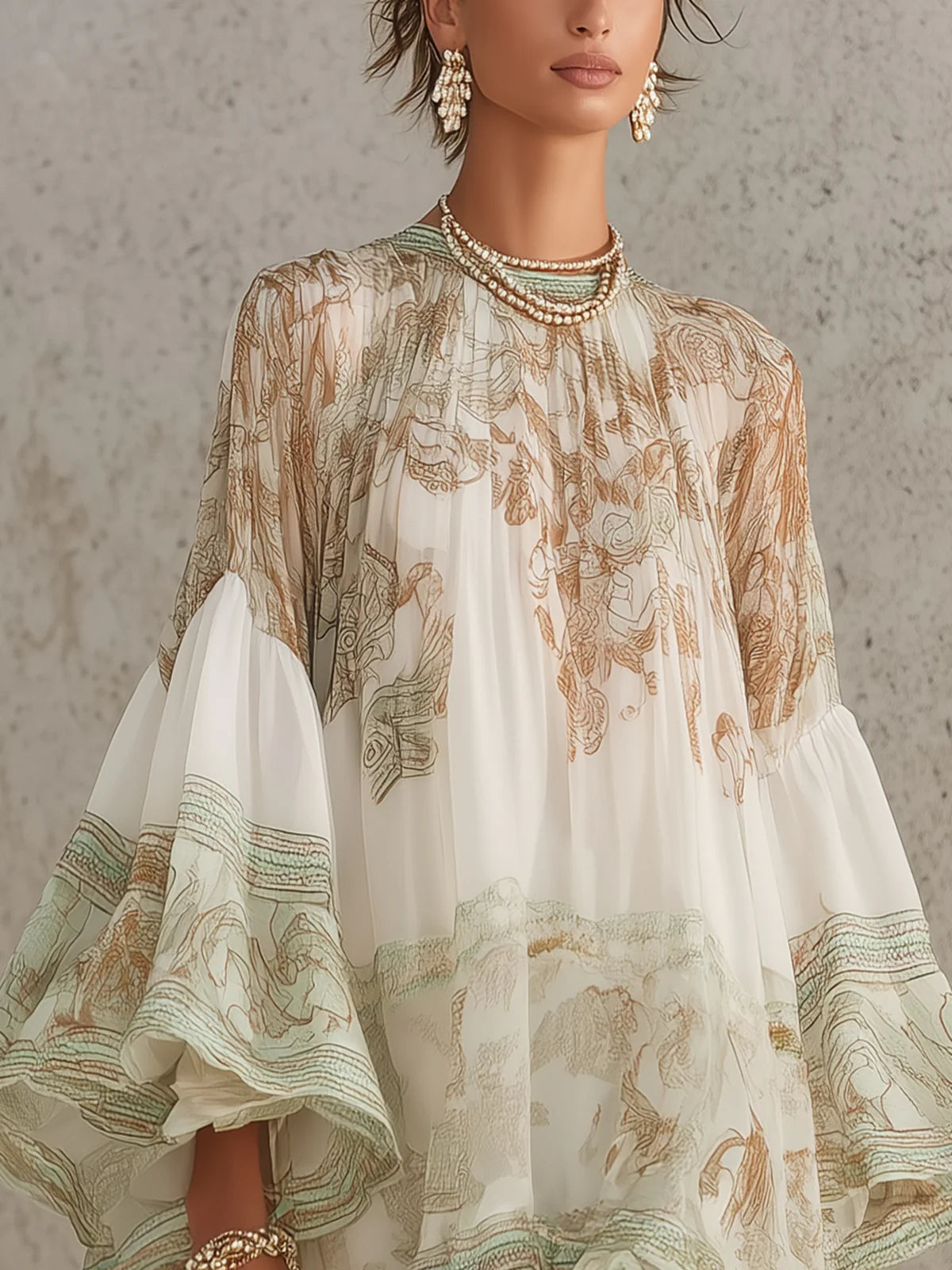 Rosalía | Vestido Mini de Gasa con Mangas de Volantes y Bajo a Rayas Verde