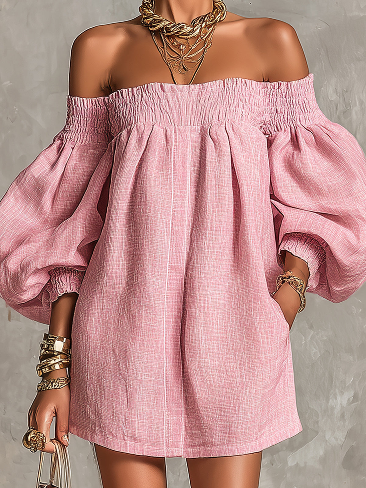 Violeta | Vestido Mini Trapecio Rosa con Mangas Farol y Hombros Descubiertos